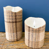 Cozy Natural Plaid Timer Pillar Candles - Two Sizes available at Quilted Cabin Home Decor.