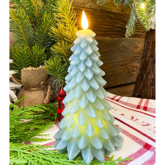 Two green christmas tree shaped candles available at Quilted Cabin Home Decor.