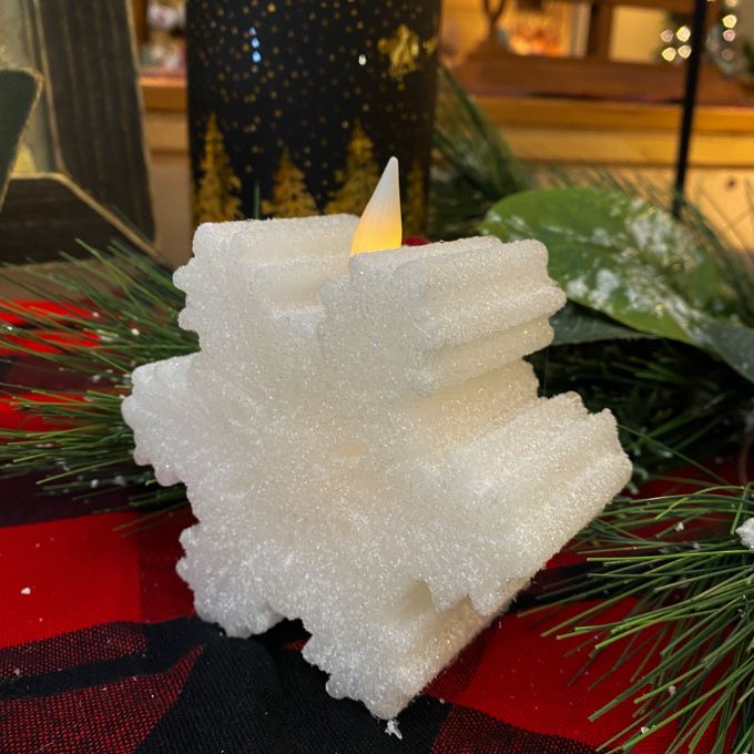 White Snowflake LED Candle available at Quilted Cabin Home Decor.
