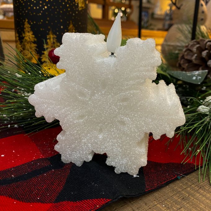 White Snowflake LED Candle available at Quilted Cabin Home Decor.