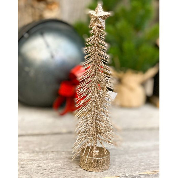 Golden Glitter Bottle Brush Tree available at Quilted Cabin Home Decor.