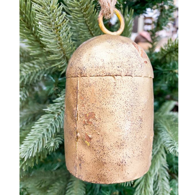 Vintage Gold Oval Cow Bell hanging from a jute cord. Available at Quilted Cabin Home Decor.