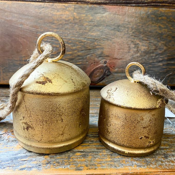Vintage Gold Silo Bells hanging from jute in two sizes available at Quilted Cabin Home Decor.