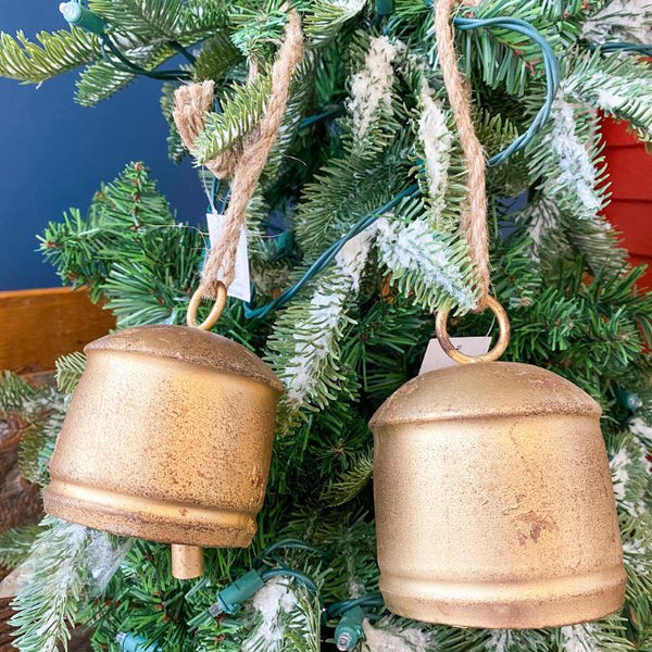 Vintage Gold Silo Bells hanging from jute in two sizes available at Quilted Cabin Home Decor.