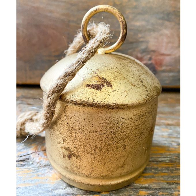 Vintage Gold Silo Bells hanging from jute in two sizes available at Quilted Cabin Home Decor.