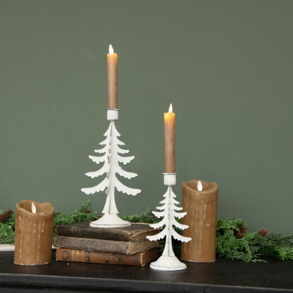 White Pine Tree Taper Candle Holders - Two Sizes available at Quilted Cabin Home Decor.