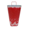 Red & White Tree Wall Bucket is a tall red metal bucket with white christmas trees and snowflakes along the bottom of it. Available at Quilted Cabin Home Decor.