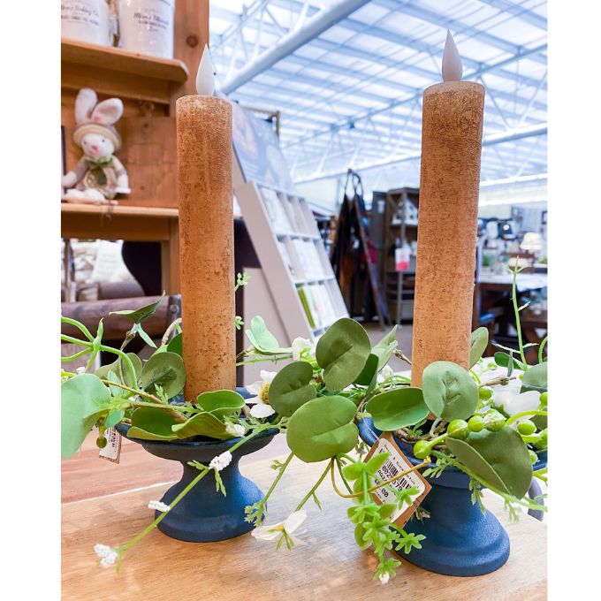 Indigo Metal Candle Stand available at Quilted Cabin Home Decor.