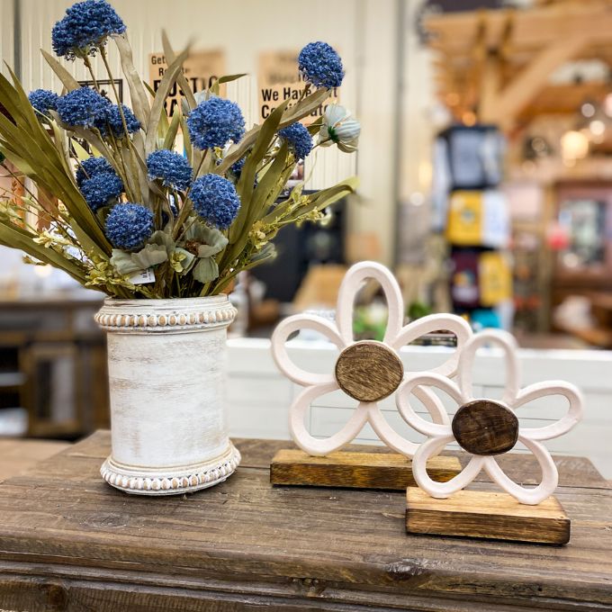 White Daisy on Stand - Two Sizes available at Quilted Cabin Home Decor.