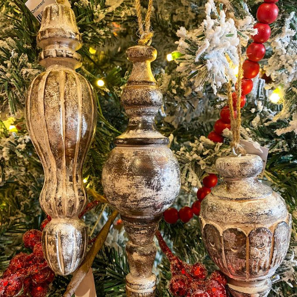 Mango Wood Finial Ornaments  - Three Styles available at Quilted Cabin Home Decor.
