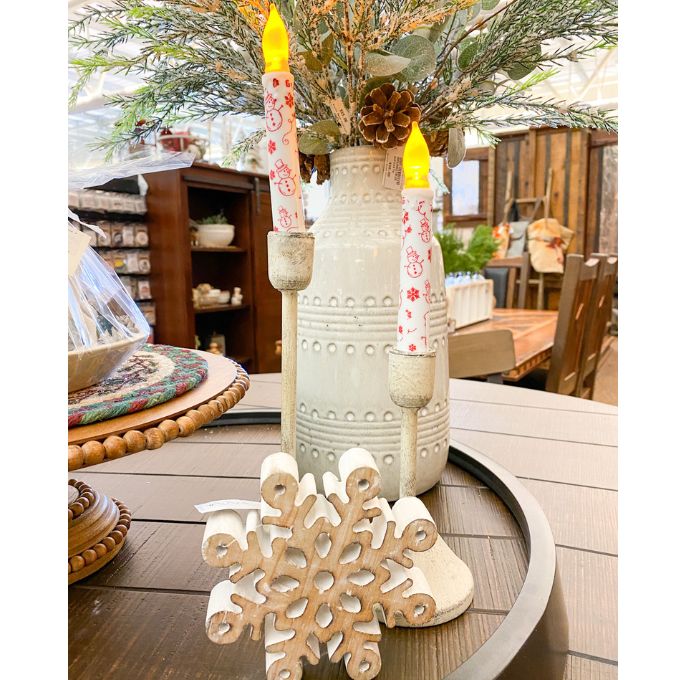 Red & White Frosty Snowman LED Taper Candle available at Quilted Cabin Home Decor