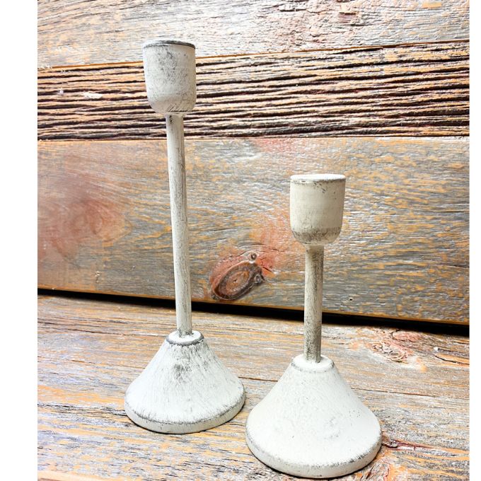 Distressed White Taper Candlesticks - Two Sizes available at Quilted Cabin Home Decor.