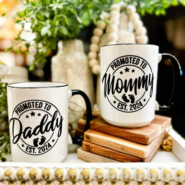 Promoted to Mommy and Daddy Personalized Year Mugs available at quilted cabin Home decor