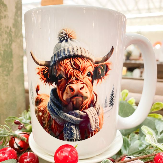 Winter Hat Highland Cow Mug available at Quilted Cabin Home Decor.