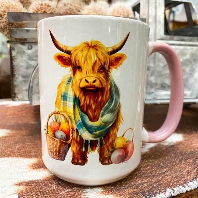 Highland Cow Easter Mug available at Quilted Cabin Home Decor.