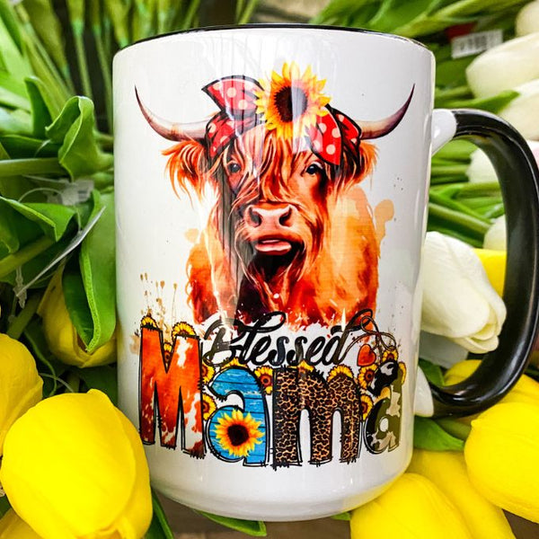 Blessed Mama Highland Cow Mug - Two Colours available at Quilted Cabin Home Decor.
