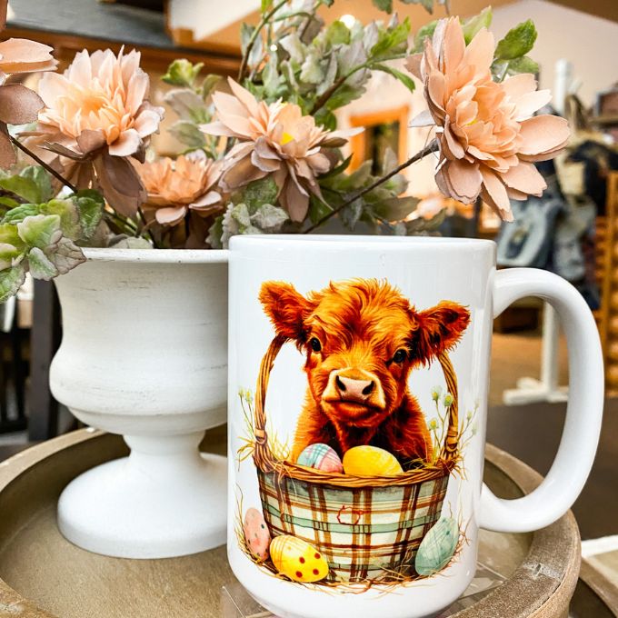 Baby Highland Cow Easter Mug available at Quilted Cabin Home Decor.