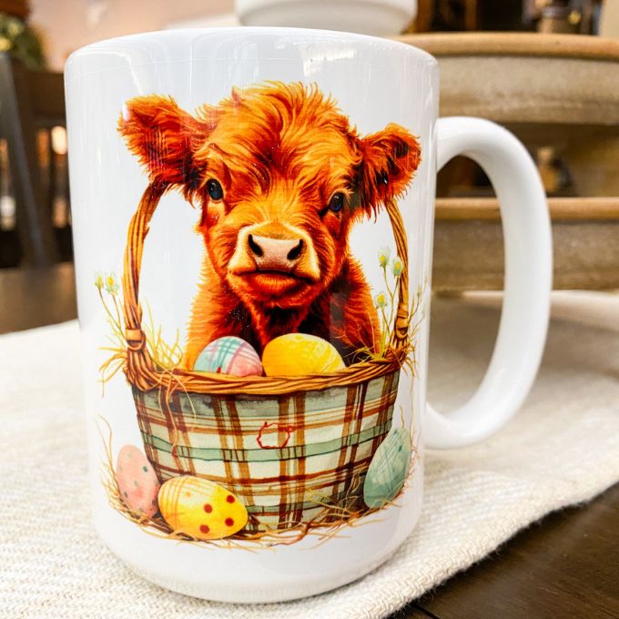 Baby Highland Cow Easter Mug available at Quilted Cabin Home Decor