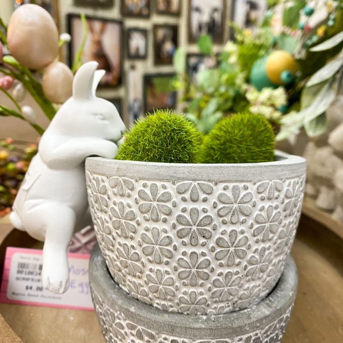 Decorative pot with textured design and green plants, featuring a white rabbit figurine. Porcelain Bunny Pot Hanger available at Quilted Cabin Home Decor.