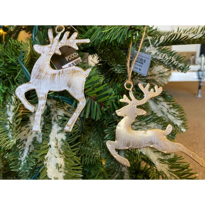 White washed gold deer ornaments in two styles - one is standing and one is flying. Available at Quilted Cabin Home Decor.