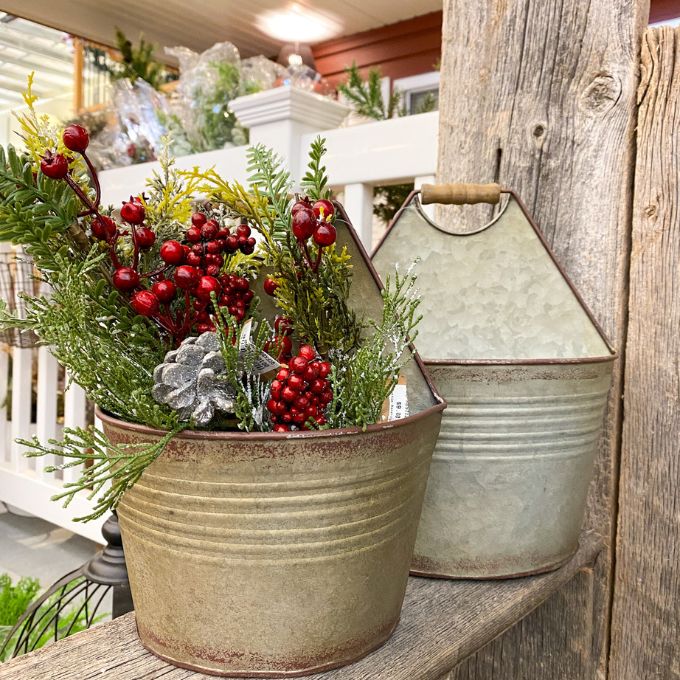 Galvanized Pocket Buckets - Two Sizes available at Quilted Cabin Home Decor.