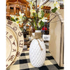 White textured vase with decorative jute and artificial flowers on a checkered runner. Porcelain Textured Vase available at Quilted Cabin Home Decor.