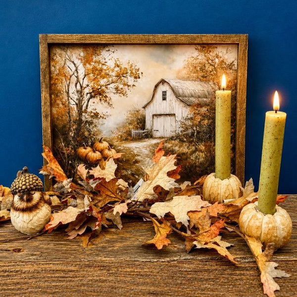 A framed autumn landscape print showing a white barn among fall trees, styled on a rustic wooden surface with scattered leaves, acorns, a small owl figurine, and two lit green candles against a deep blue background. All items are available at Quilted Cain in Airdrie