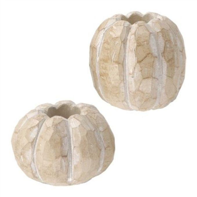 Two beige marble candle holders on a white background.  Available at Quilted Cabin in Airdrie