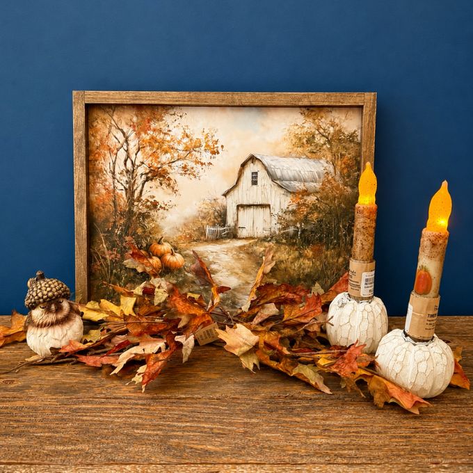 A framed autumn landscape print showing a white barn among orange and brown trees, styled on a wooden surface with scattered fall leaves, a small owl figurine, and two white candle holders with lit flameless candles against a dark blue background. All items available at Quilted Cabin in Airdrie