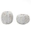 Two small decorative pumpkins in a white faux-crackle finish, shown on a plain white background. Available at Quilted Cabin in Airdrie
