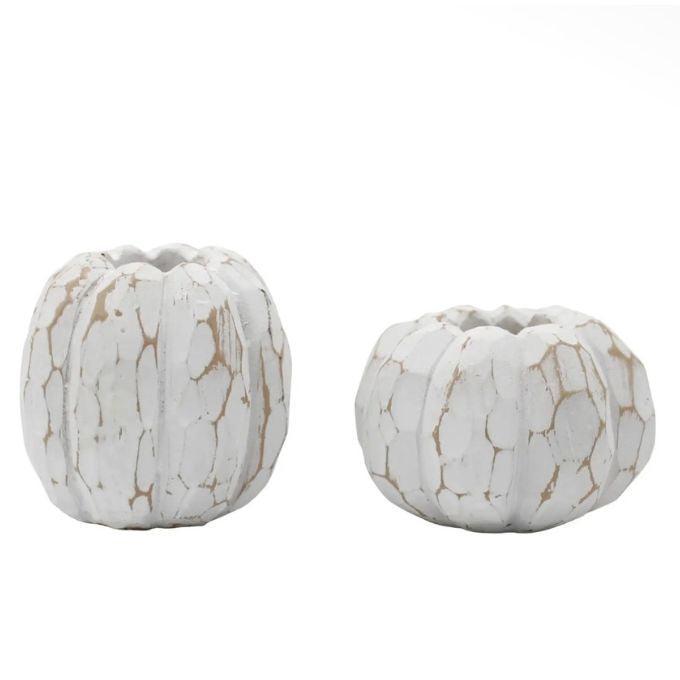 Two small decorative pumpkins in a white faux-crackle finish, shown on a plain white background. Available at Quilted Cabin in Airdrie