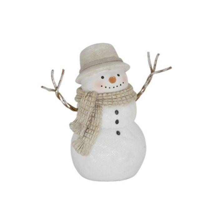 White sparkly resin twiggy and snowman with beige hat and scarf available at Quilted Cabin in Airdrie
