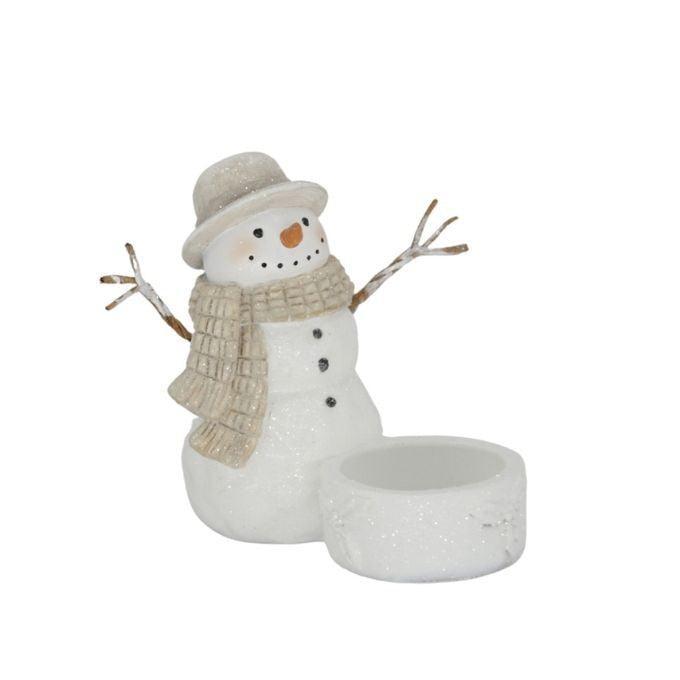 A white glittery snowman figurine wearing a beige hat and scarf, with twig arms, shown next to a matching round white container on a plain white background. Snowman tealight holder available at Quilted Cabin in Airdrie