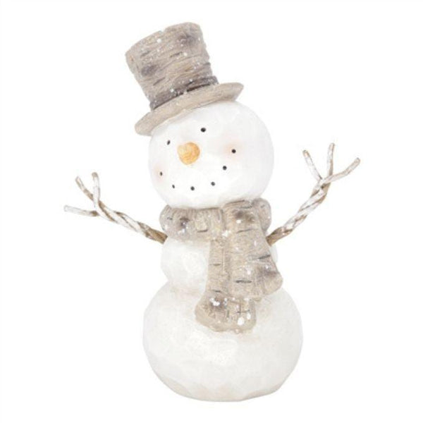 A small snowman with a white body, glittery gray top hat and scarf, twig arms, and a small orange nose on a plain white background. Available at Quilted Cabin in Airdrie