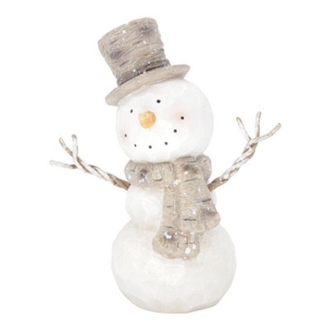 A small snowman with a white body, glittery gray top hat and scarf, twig arms, and a small orange nose on a plain white background. Available at Quilted Cabin in Airdrie