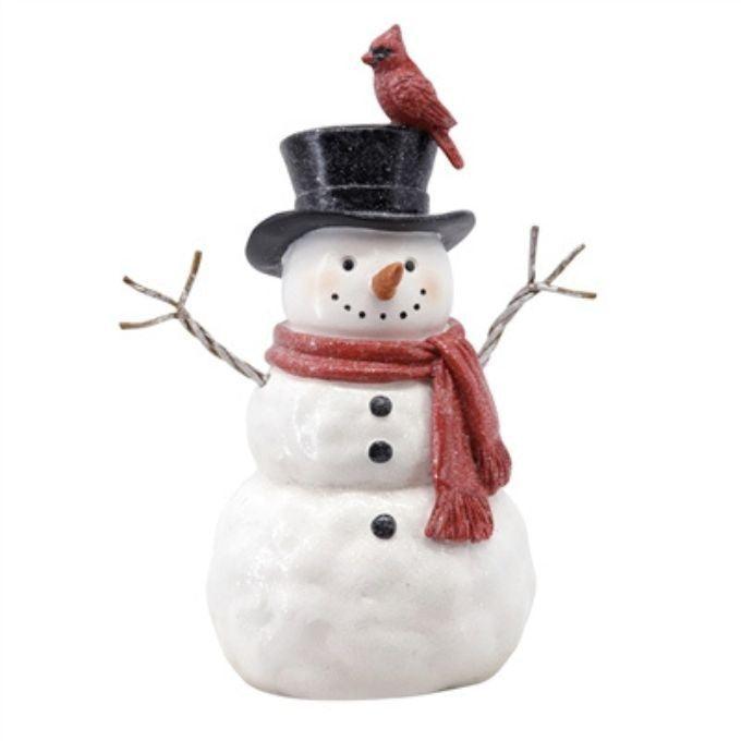 Snowman figurine with a red scarf and cardinal bird on a white background.  Available at Quilted Cabin in Airdrie