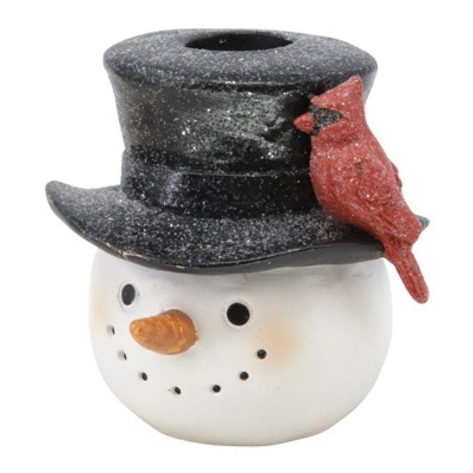 black top hat with cardinal snowman taper holder available at Quilted Cabin in Airdrie