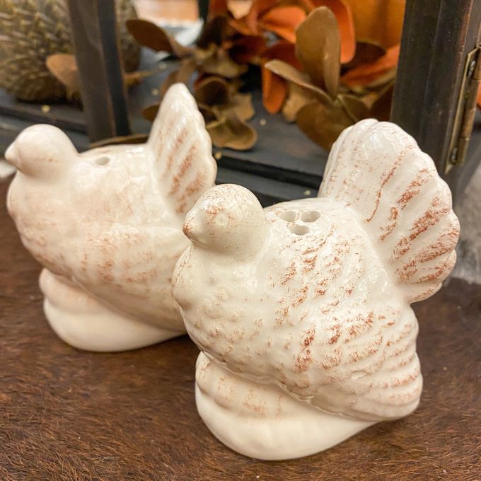 White turkey shaped salt and pepper shaker set available at Quilted Cabin Home Decor.