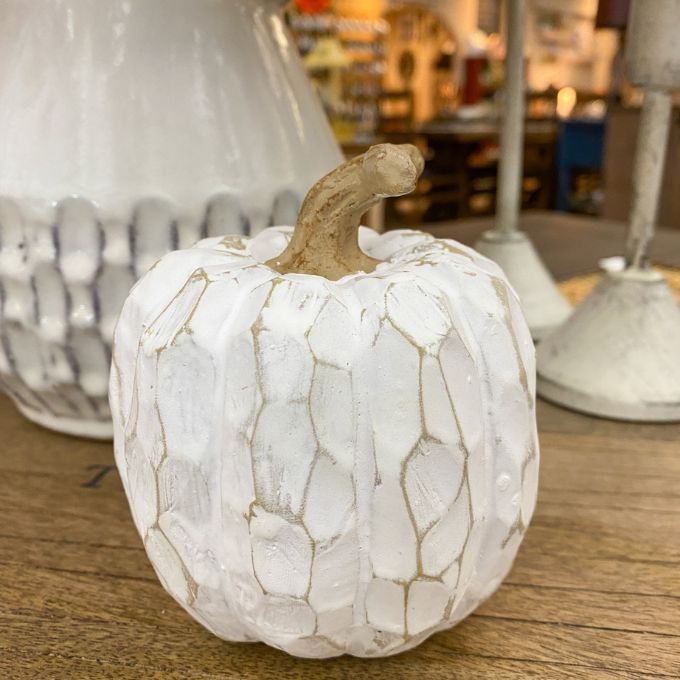 Decorative white pumpkin  a wooden surface , White Carved Pumpkins - Two Styles available at Quilted Cabin Home Decor.
