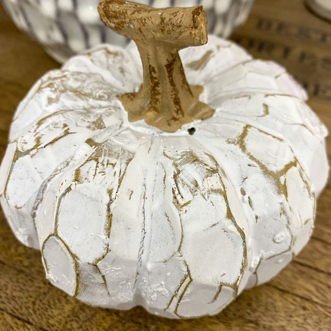 Decorative pumpkin with white on a wooden surface, the White Carved Pumpkins - Two Styles available at Quilted Cabin Home Decor.