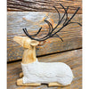 One resin sitting deer figurine wearing a white cable knit sweaters is shown.  Available at Quilted Cabin Home Decor.