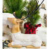 One resin sitting deer figurine wearing a white cable knit sweaters is shown.  Available at Quilted Cabin Home Decor.