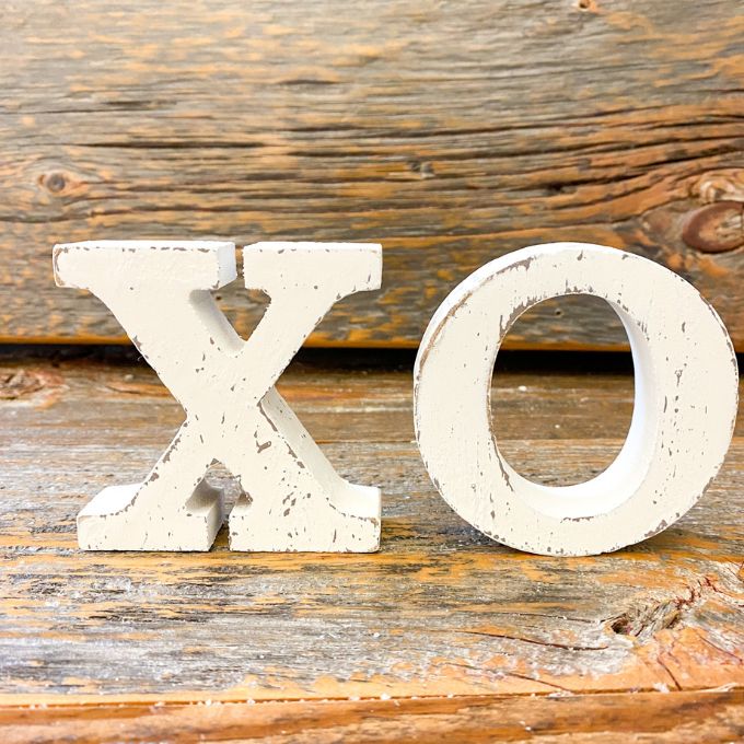 Distressed White XO Letters available at Quilted Cabin Home Decor.