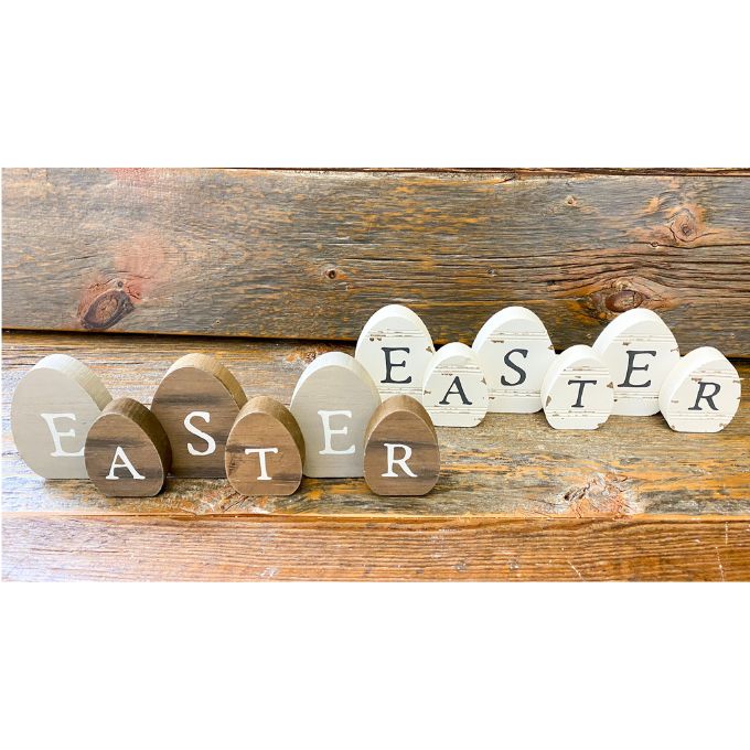 Easter Egg Cut Out Wood Sitter - Distressed Wood Style available at Quilted Cabin Home Decor.