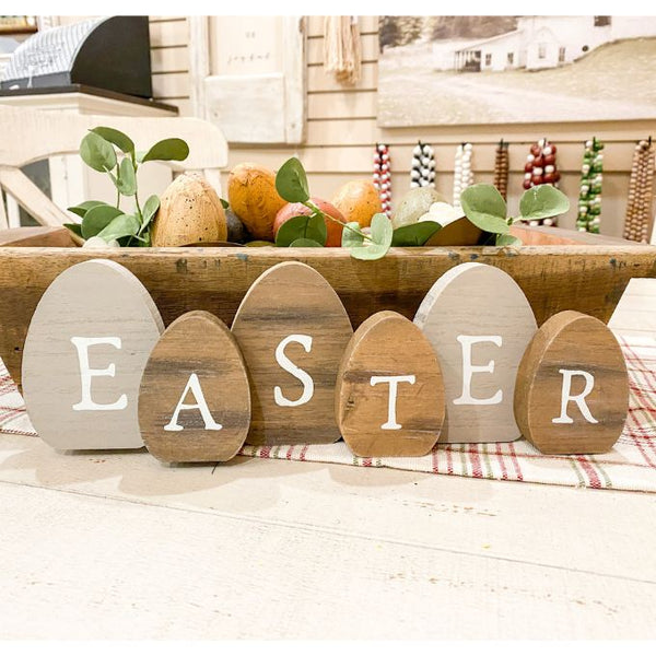 Easter Egg Cut Out Wood Sitter - Distressed Wood Style available at Quilted Cabin Home Decor.