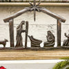 Decorative nativity scene on a wooden shelf with a rustic background. Nativity Silhouette available at Quilted Cabin Home Decor.