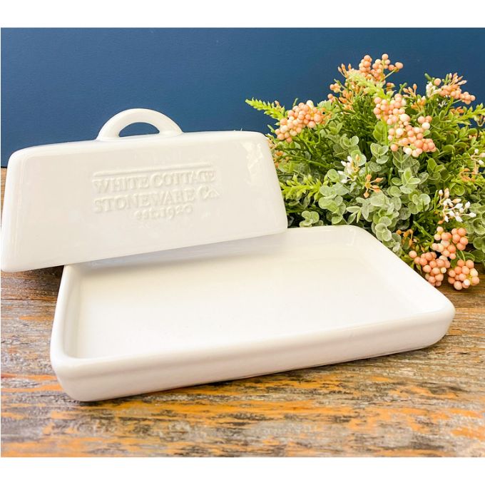 White Cottage Butter Dish available at Quilted Cabin Home Decor.