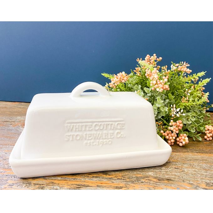 White Cottage Butter Dish available at Quilted Cabin Home Decor.