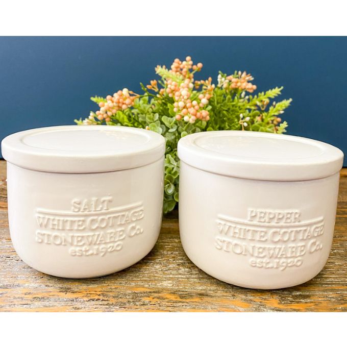 White Cottage Salt & Pepper Cellars available at Quilted Cabin Home Decor.