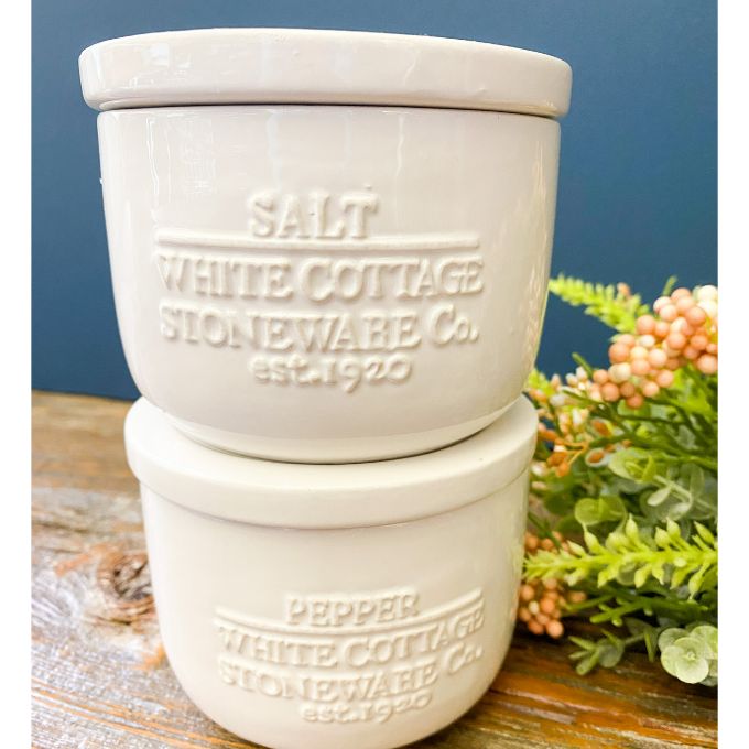 White Cottage Salt & Pepper Cellars available at Quilted Cabin Home Decor.